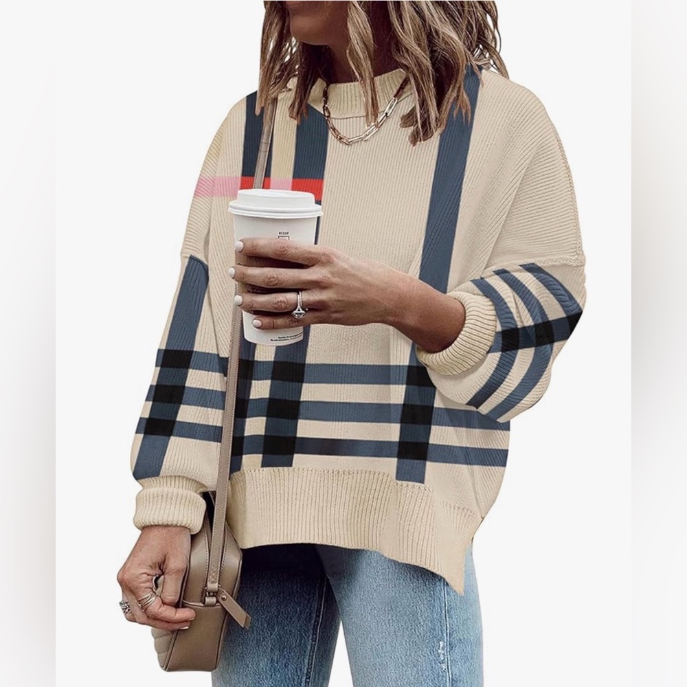 Plaid Patterned Beige Sweater